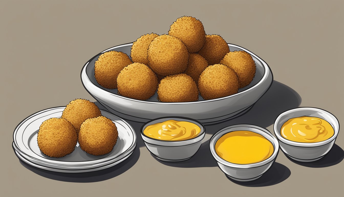 A plate of golden brown bitterballen arranged with dipping sauce and a side of mustard, ready to be eaten