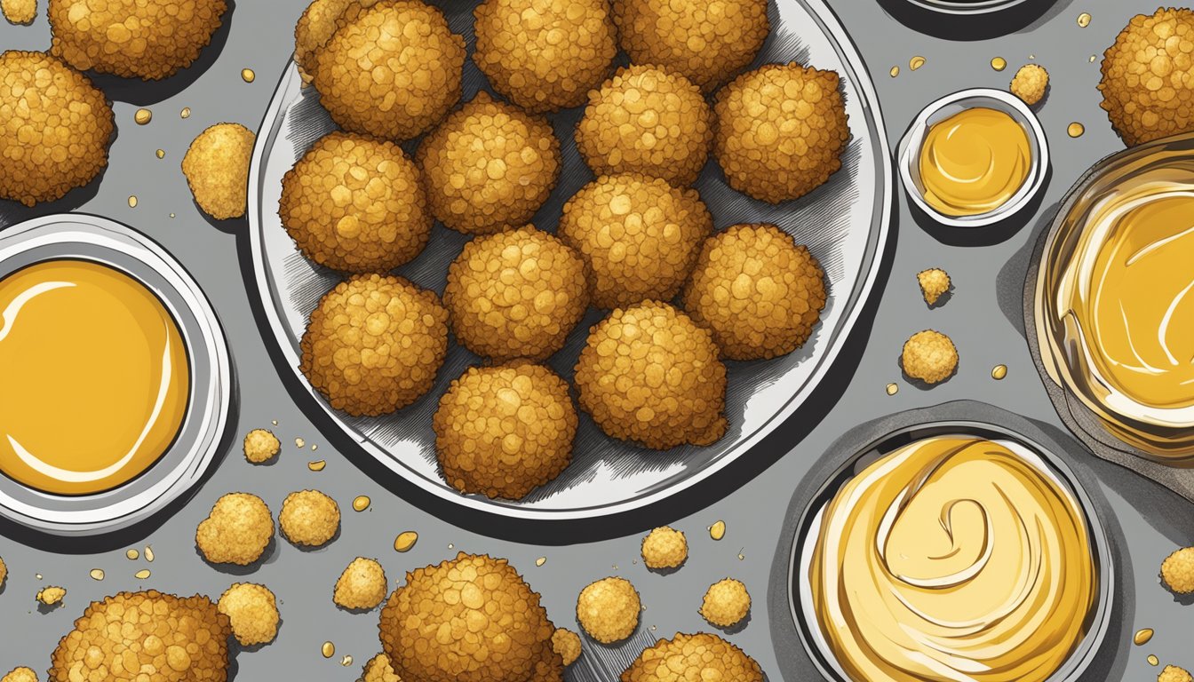 A plate of golden brown bitterballen arranged in a neat circle, with a side of tangy mustard for dipping