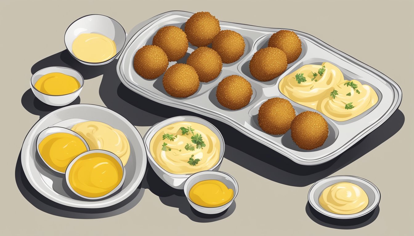 A plate of bitterballen surrounded by small dishes of mustard and mayonnaise