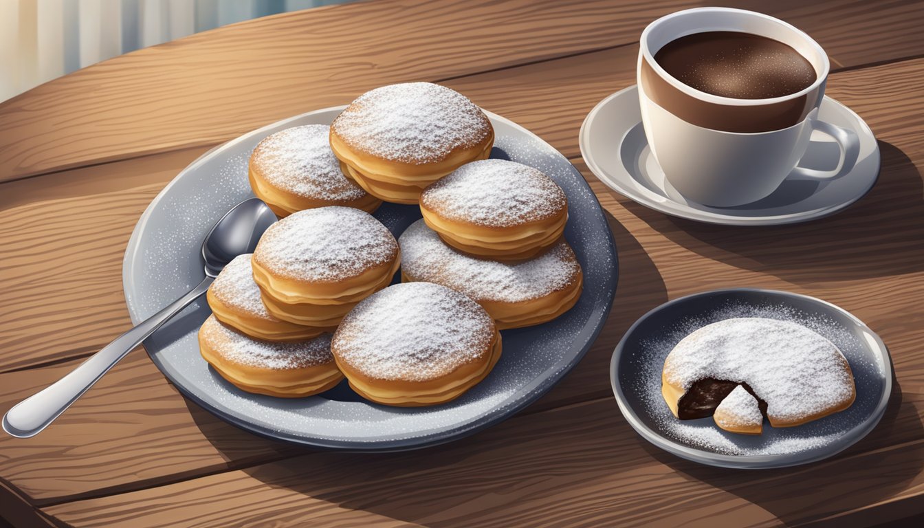 A plate of poffertjes on a wooden table with a small fork and powdered sugar sprinkled on top, accompanied by a cup of hot chocolate