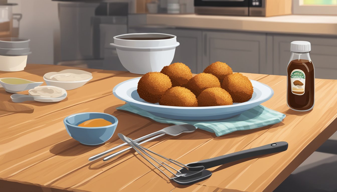 A plate of bitterballen sits on a wooden table next to a small bowl of dipping sauce. A microwave and a pair of tongs are nearby