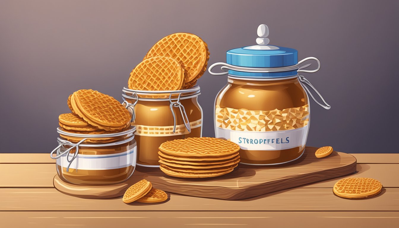 A jar of stroopwafels sits on a wooden shelf, surrounded by other Dutch treats. The golden wafels are filled with caramel and ready to be enjoyed