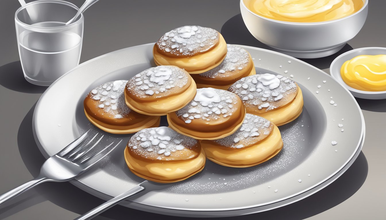 A plate of poffertjes topped with powdered sugar and served with a dollop of butter melting on top, accompanied by a small fork and a drizzle of syrup