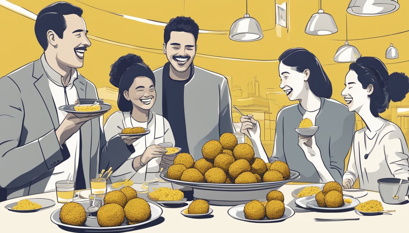 A plate of bitterballen surrounded by small dishes of mustard, with toothpicks sticking out of each one. A group of people chatting and laughing in the background