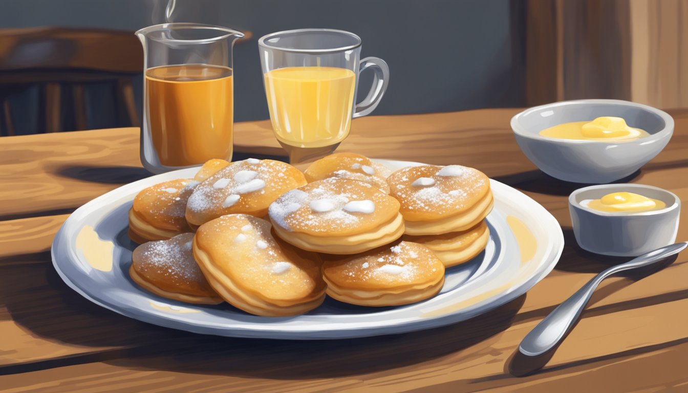 A plate of poffertjes sits on a wooden table, with a small fork and a dollop of butter melting on top. A ceramic pitcher of syrup is nearby