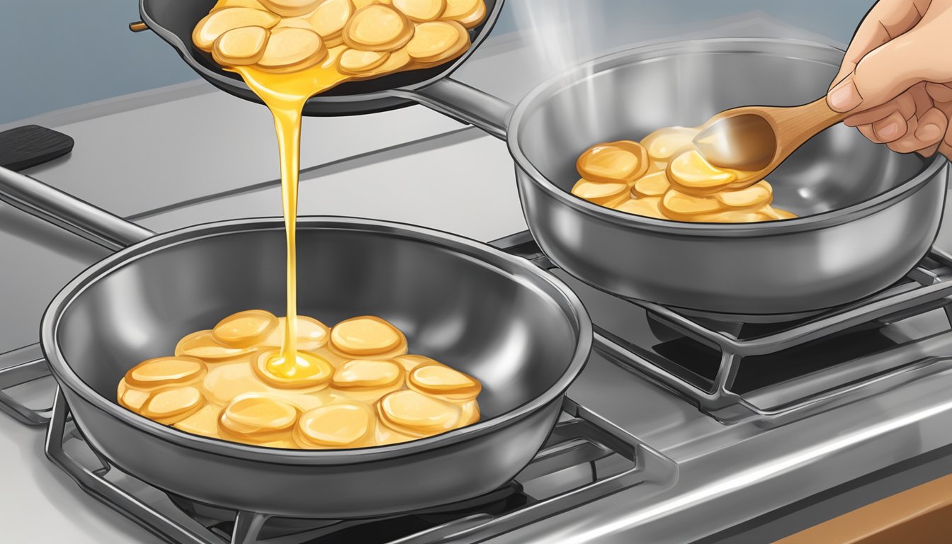 A small bowl of batter being poured onto a sizzling hot poffertjes pan