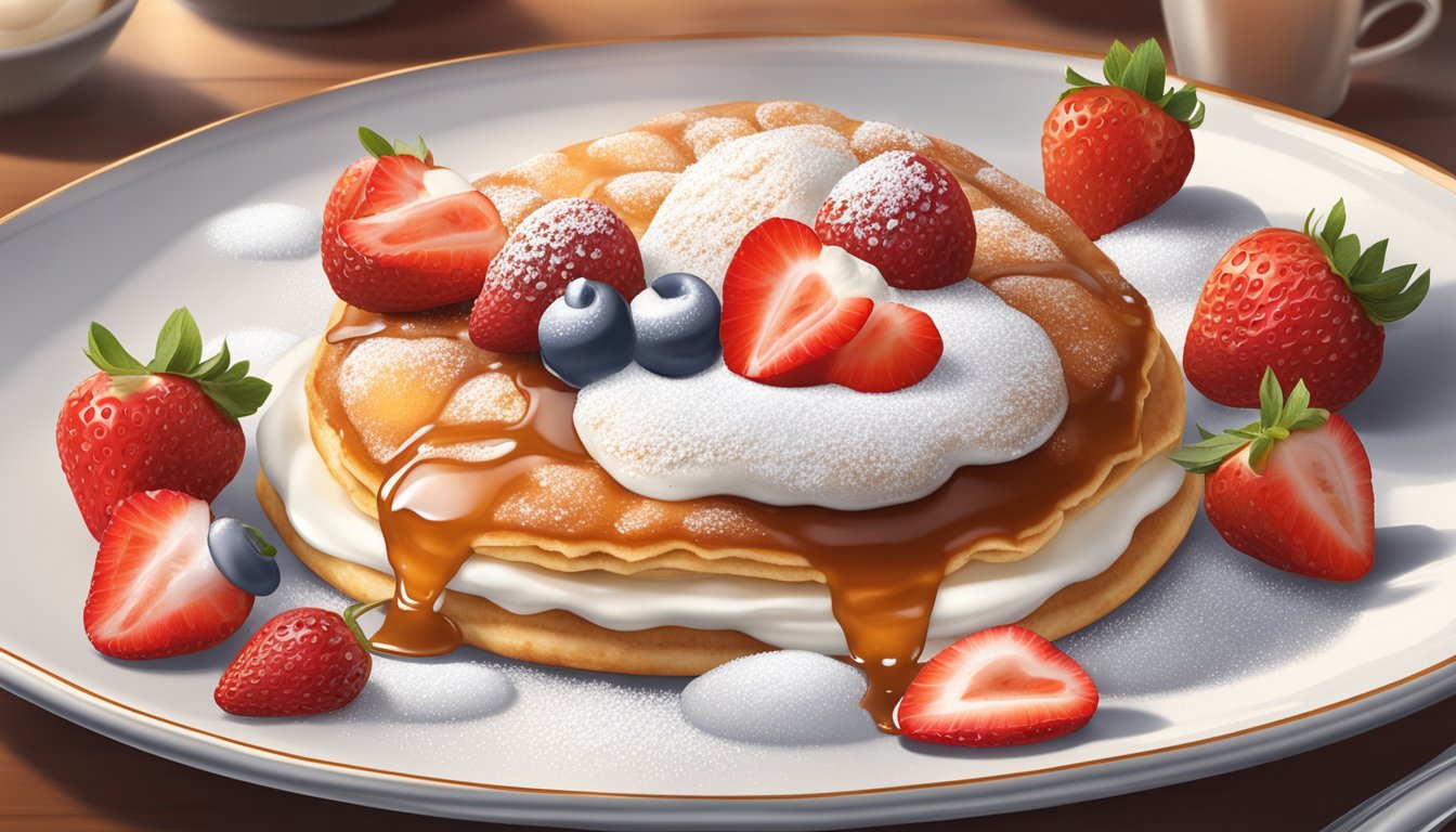 A plate of poffertjes topped with powdered sugar and strawberries, accompanied by a dollop of whipped cream and a side of warm syrup