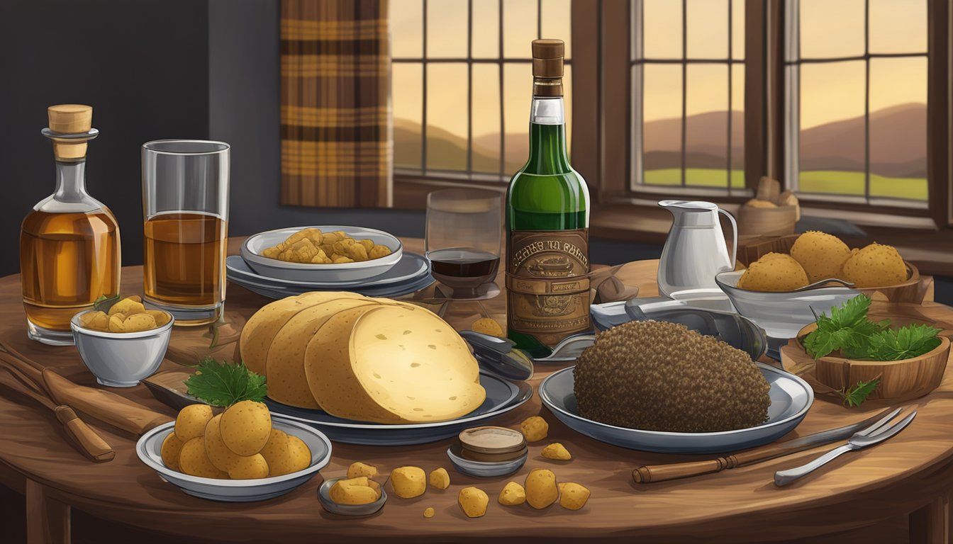 A traditional Scottish table set with haggis, neeps, and tatties, accompanied by a bottle of whisky and bagpipes in the background