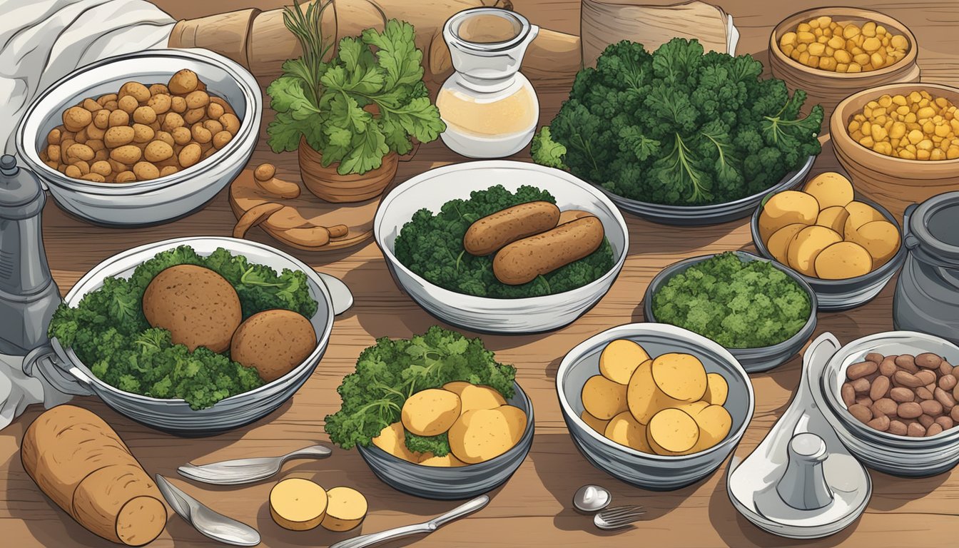 A table set with a steaming bowl of stamppot surrounded by traditional Dutch ingredients like potatoes, kale, and sausage