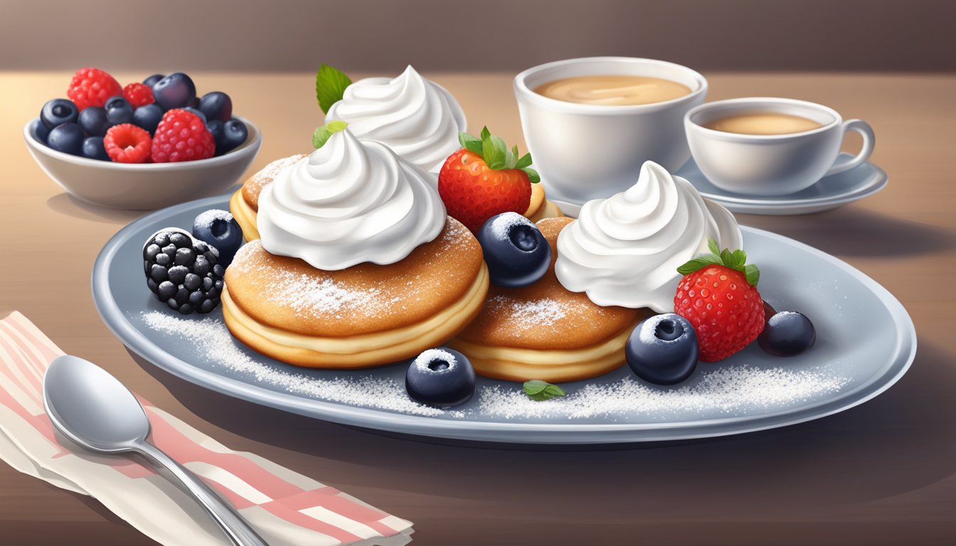 A plate of poffertjes topped with powdered sugar and served with a side of fresh berries and a dollop of whipped cream