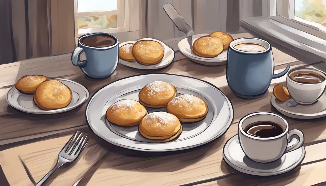 A plate of poffertjes being eaten with a fork and knife, surrounded by a cozy setting with a cup of coffee or tea on the side