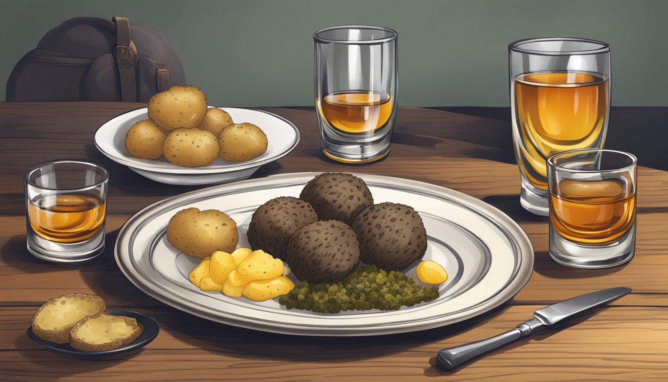 A plate of haggis with neeps and tatties, accompanied by a dram of whisky, set on a wooden table