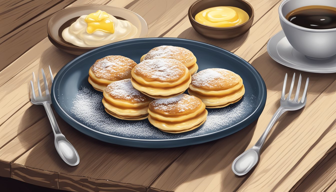 A plate of poffertjes sits on a wooden table, topped with a dusting of powdered sugar and a dollop of melting butter. A small fork rests beside the plate