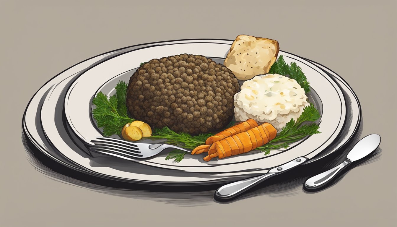 A plate of haggis surrounded by traditional Scottish sides, with a knife and fork ready to cut into the dish