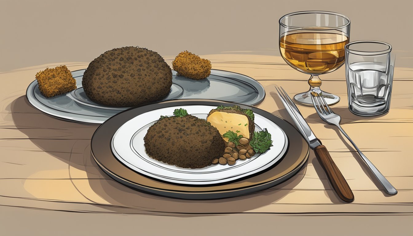 A table set with a plate of haggis, accompanied by a fork and knife. A glass of whiskey sits beside the plate