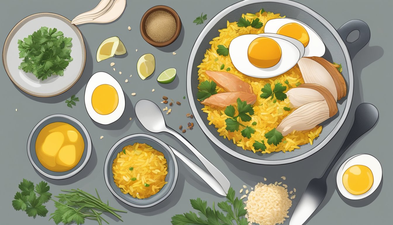 A bowl of kedgeree surrounded by ingredients like rice, smoked fish, boiled eggs, and spices. A spoon is scooping up a bite