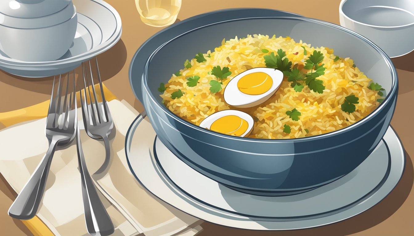 A table set with a steaming bowl of kedgeree, accompanied by a fork and a napkin