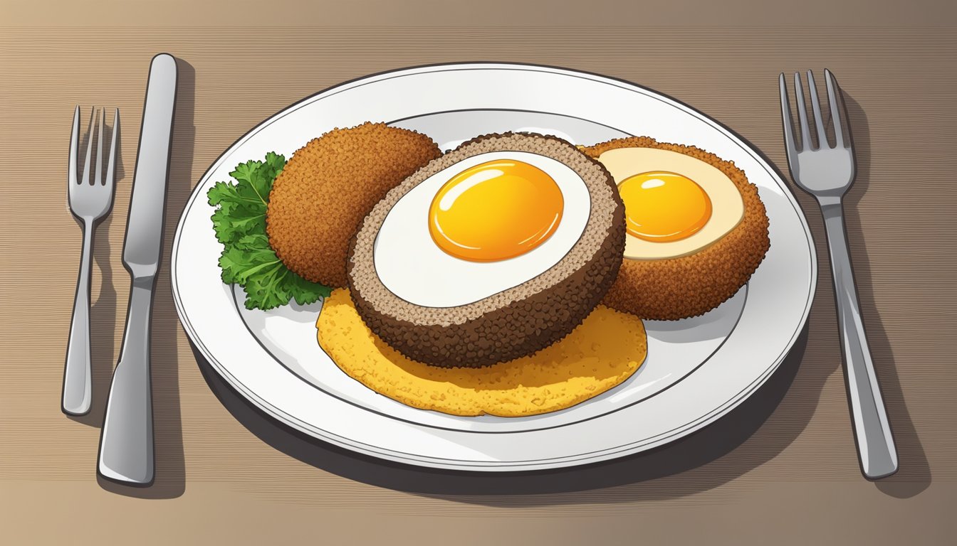 A scotch egg sits on a plate, cut in half to reveal the golden yolk surrounded by seasoned sausage meat and a crispy breadcrumb coating