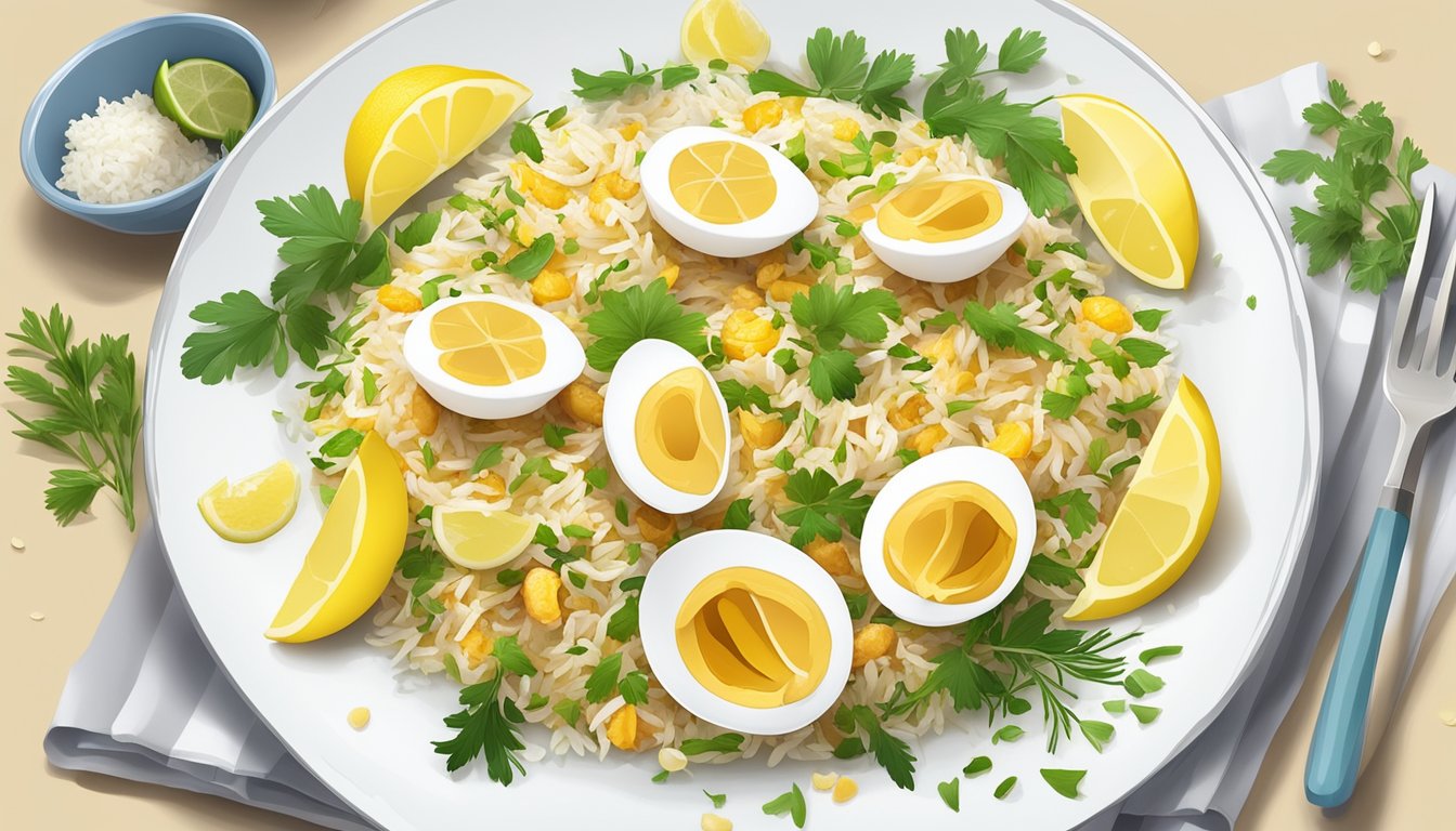 A plate of kedgeree is elegantly arranged with flaked fish, rice, and boiled eggs, garnished with fresh herbs and lemon wedges