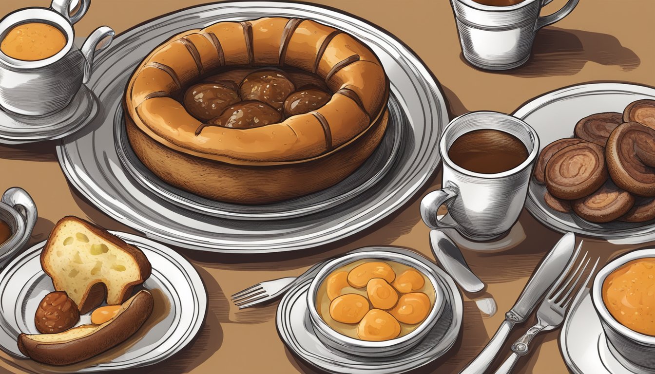 A table set with a traditional British meal of toad in the hole, with a golden-brown Yorkshire pudding surrounding savory sausages, served with rich onion gravy