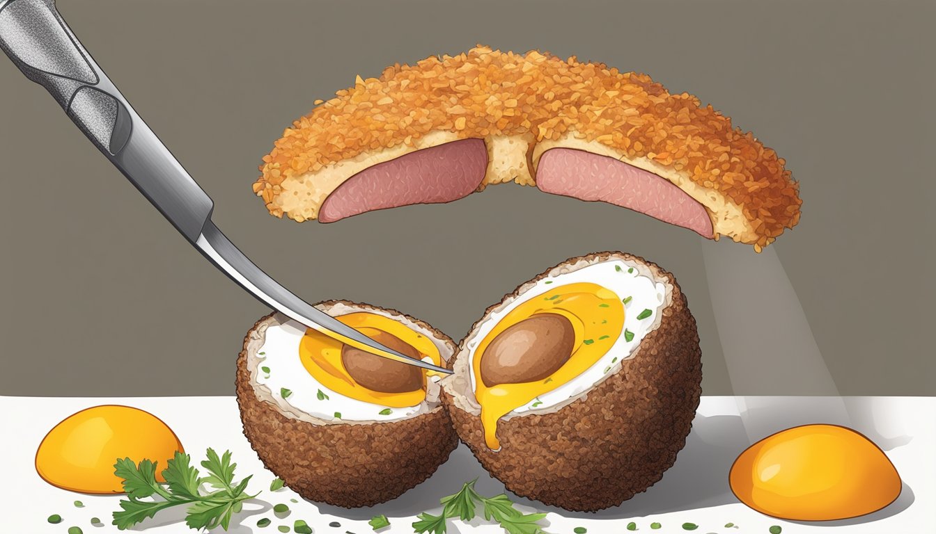 A scotch egg being sliced in half to reveal the runny yolk and seasoned sausage meat inside