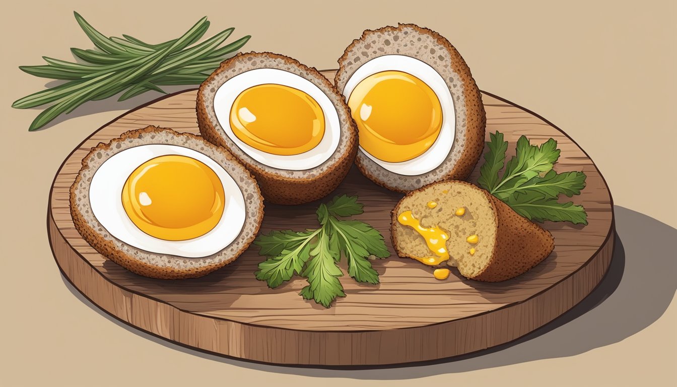 A scotch egg on a wooden board with a halved egg revealing the yolk and meat, garnished with herbs and served with a side of mustard