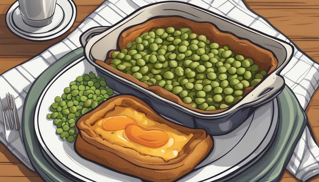 A plate of toad in the hole with a side of buttered peas and roasted carrots