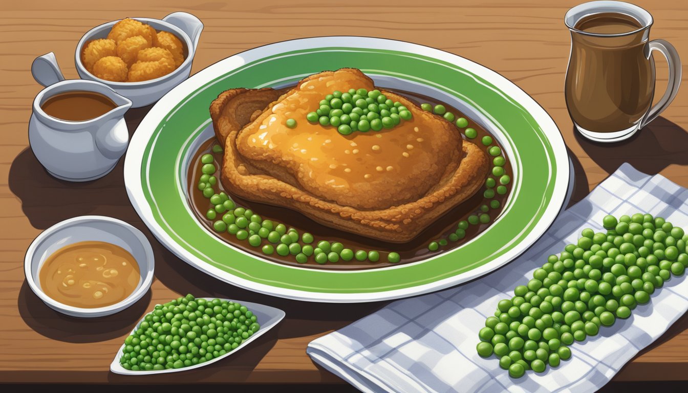 A golden-brown toad in the hole sits on a plate, surrounded by a pool of rich onion gravy and accompanied by a side of vibrant green peas