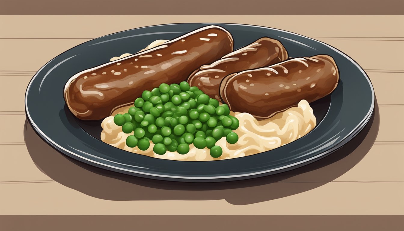 A plate of bangers and mash with onion gravy, peas on the side