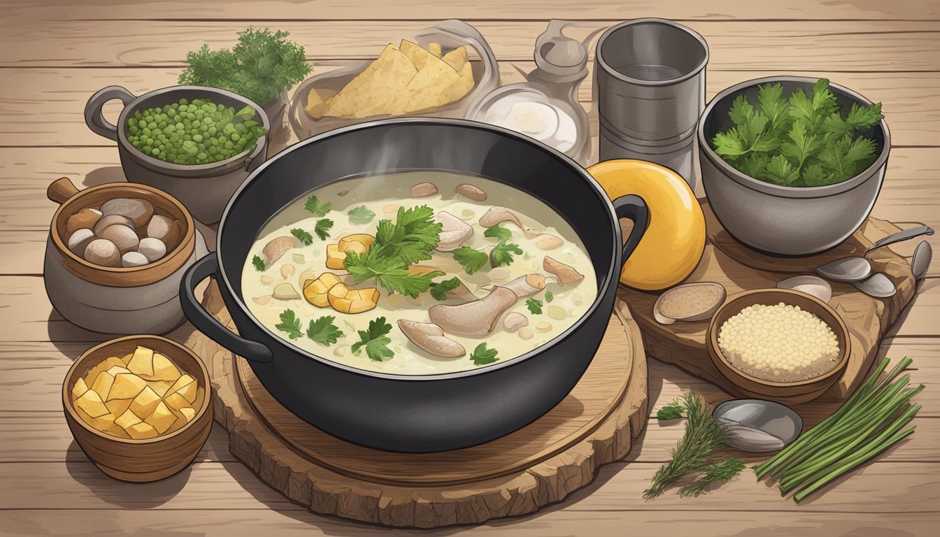 A steaming bowl of Cullen Skink sits on a rustic wooden table, surrounded by the ingredients used to make the traditional Scottish soup