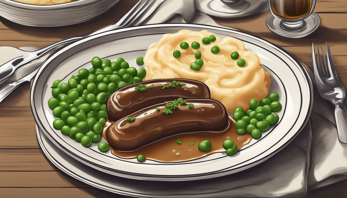 A plate of bangers and mash with a side of peas and gravy