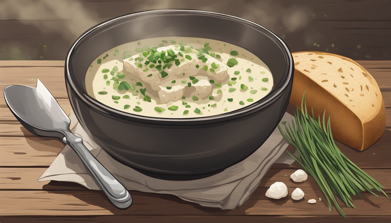 A steaming bowl of cullen skink sits on a rustic wooden table, surrounded by a scattering of freshly chopped chives and a side of warm, crusty bread