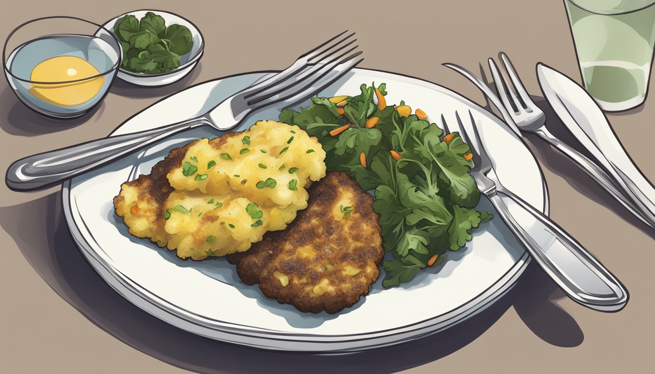 A plate of bubble and squeak with a side of veggies and a fork