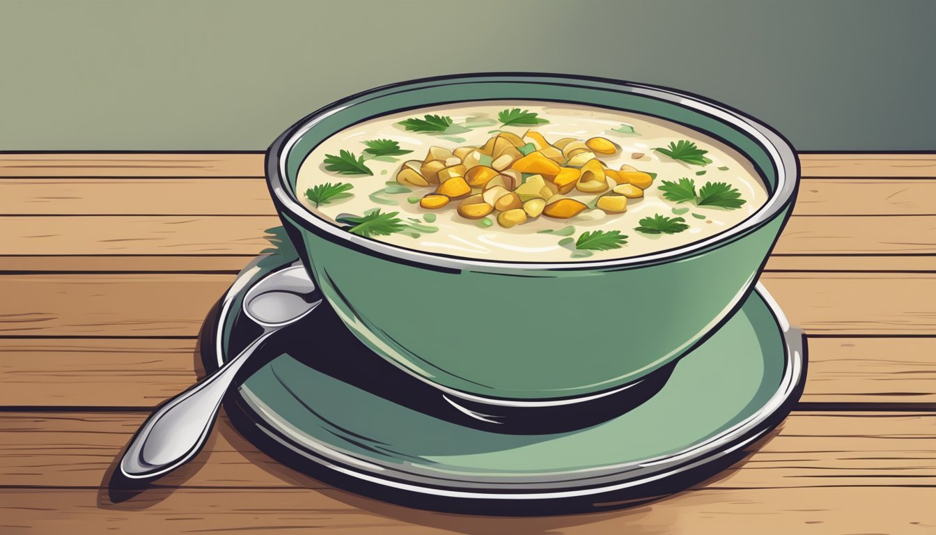 A bowl of cullen skink soup with a spoon beside it on a wooden table