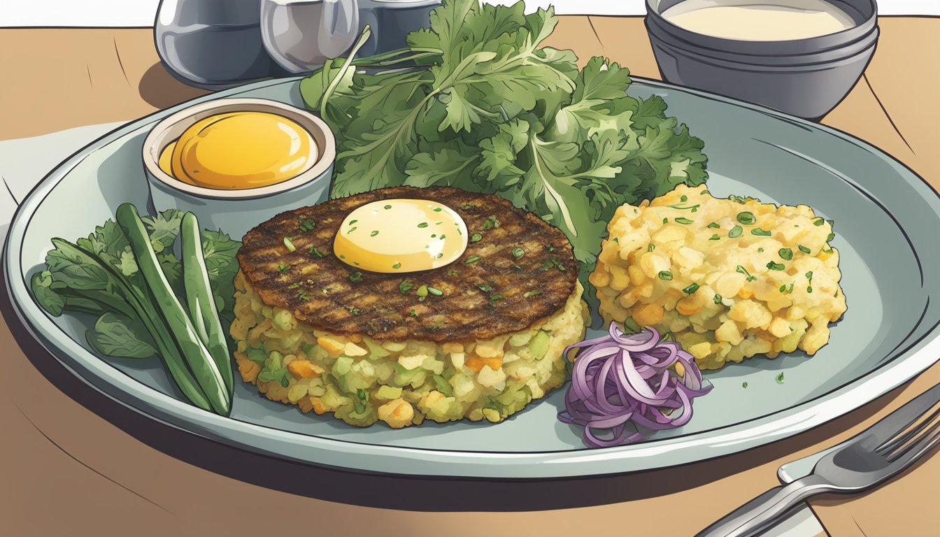 A plate with bubble and squeak, accompanied by various dietary options (gluten-free, dairy-free, vegetarian, etc.) on the side