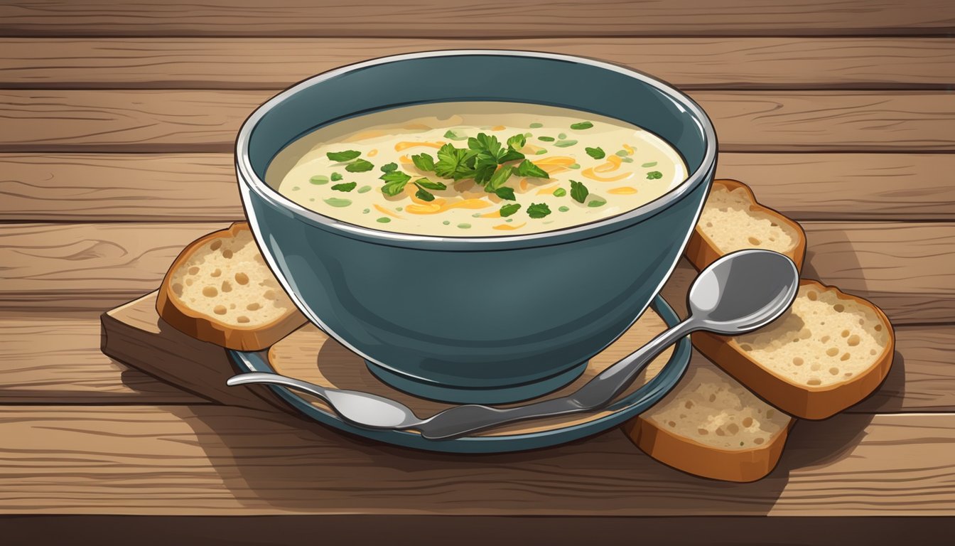 A bowl of cullen skink soup with a side of crusty bread on a wooden table