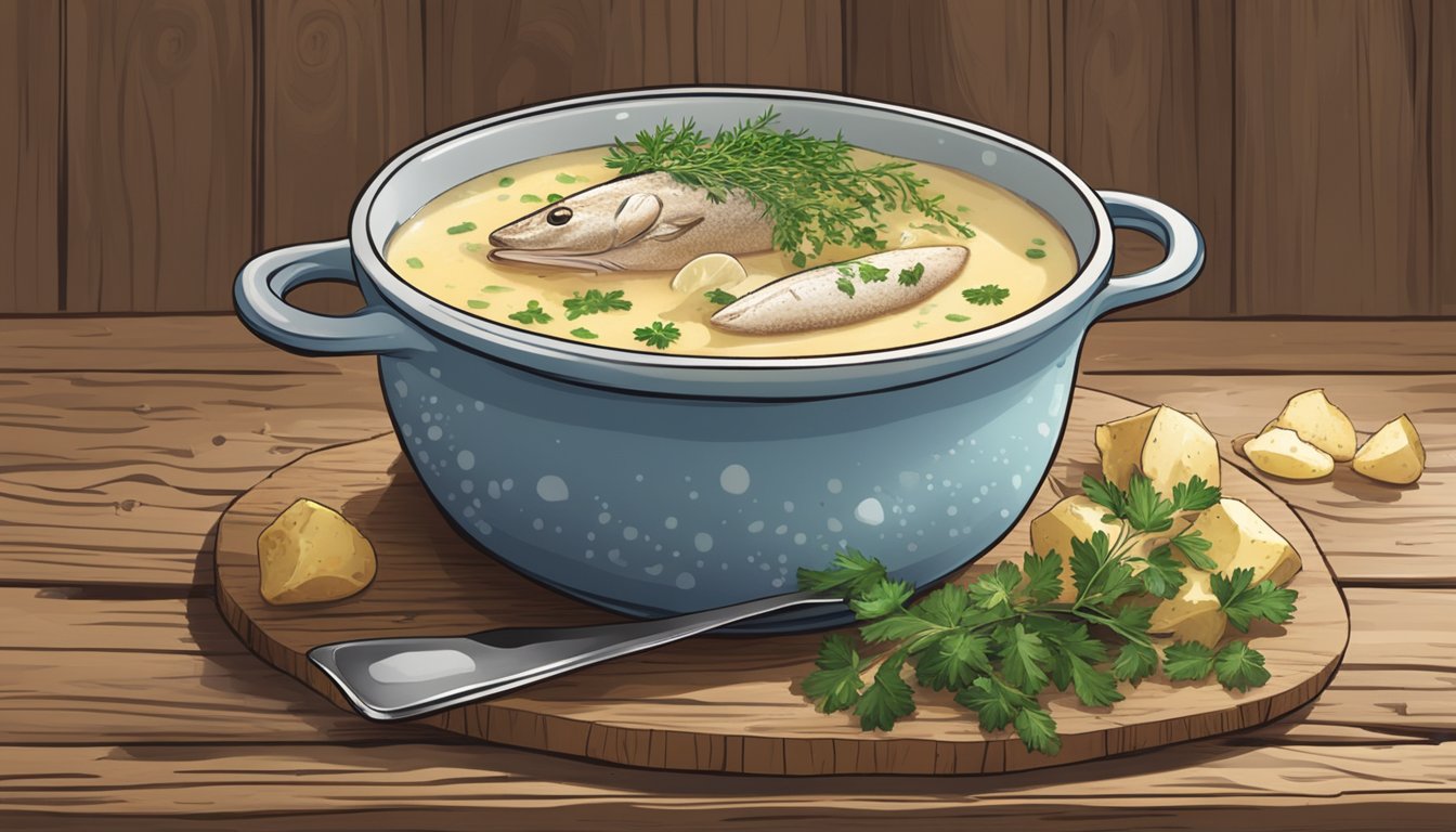 A bowl of cullen skink sits on a rustic wooden table, steam rising from the creamy broth filled with chunks of tender fish and potatoes. A sprinkle of fresh herbs adds a pop of color to the dish