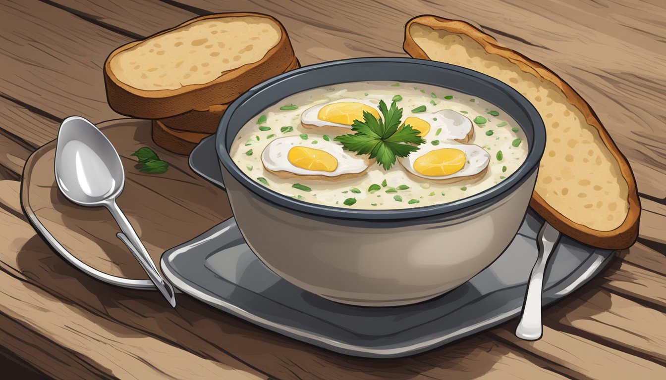 A steaming bowl of cullen skink on a rustic wooden table, surrounded by a spoon and a slice of crusty bread