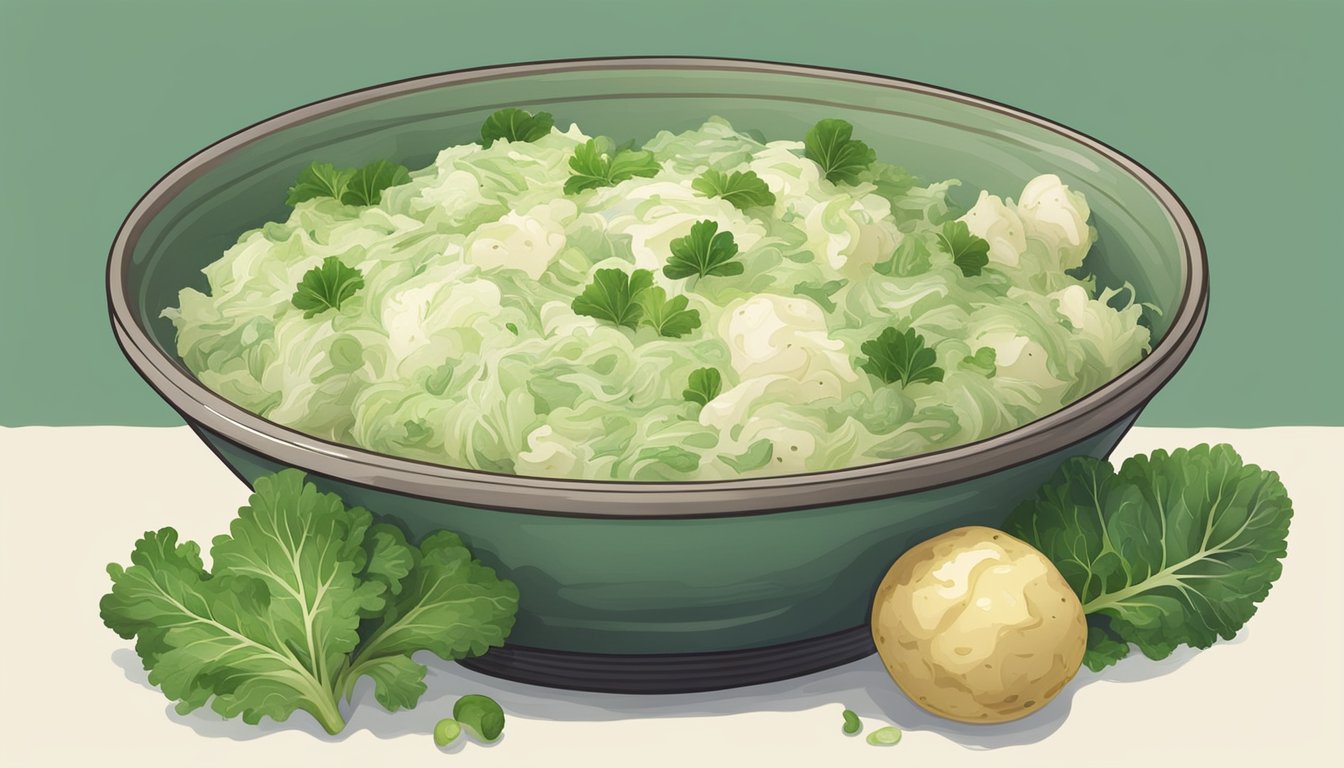 A bowl of colcannon with a spoon, surrounded by scattered potato and cabbage leaves