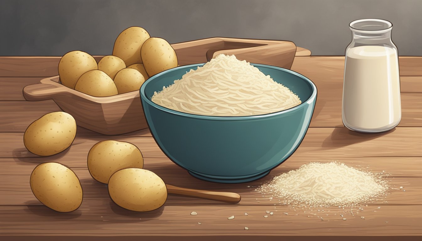 A bowl of grated potatoes, flour, and buttermilk mixed together with a whisk on a wooden countertop