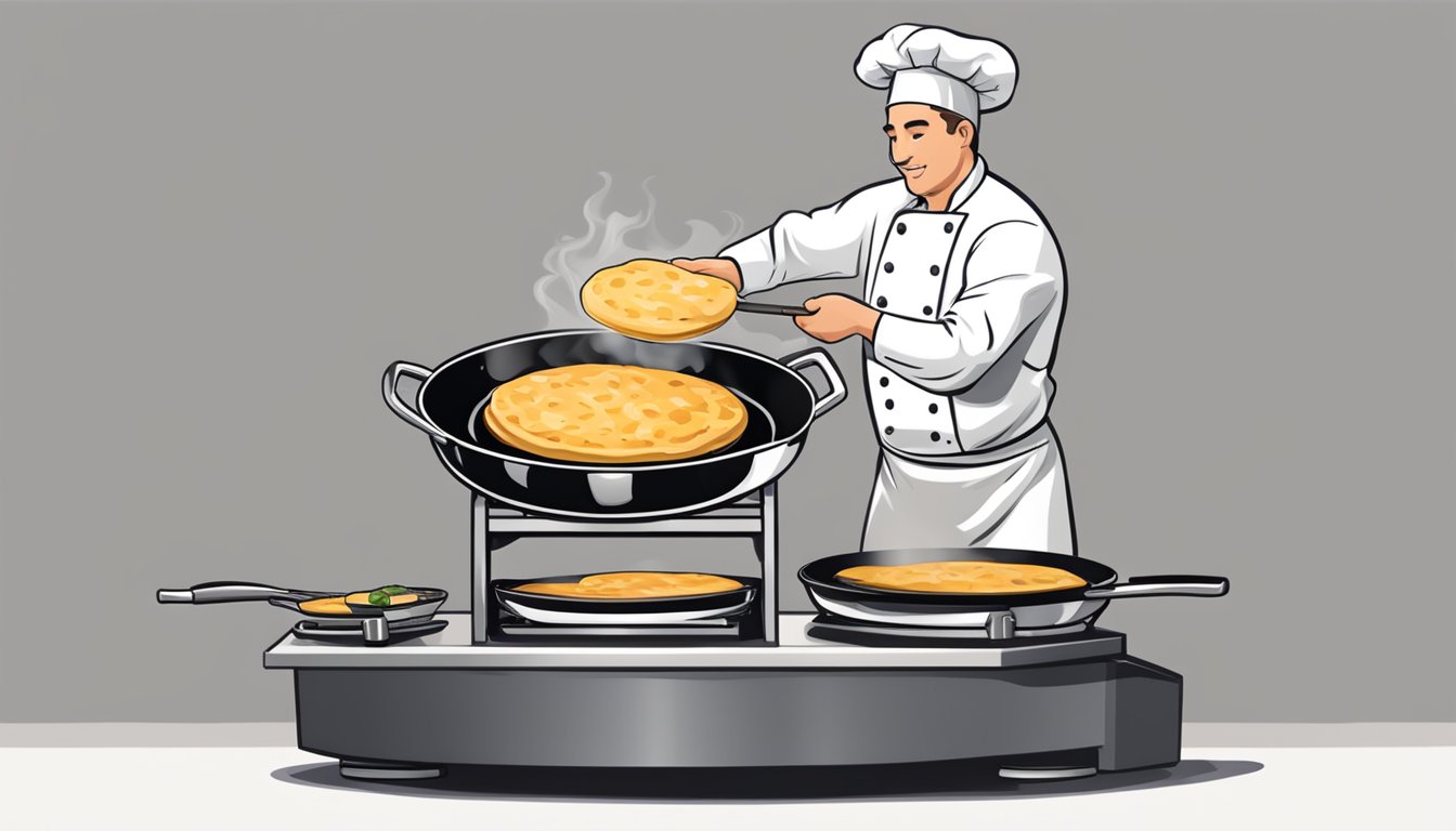 A chef flipping a boxty in a sizzling skillet