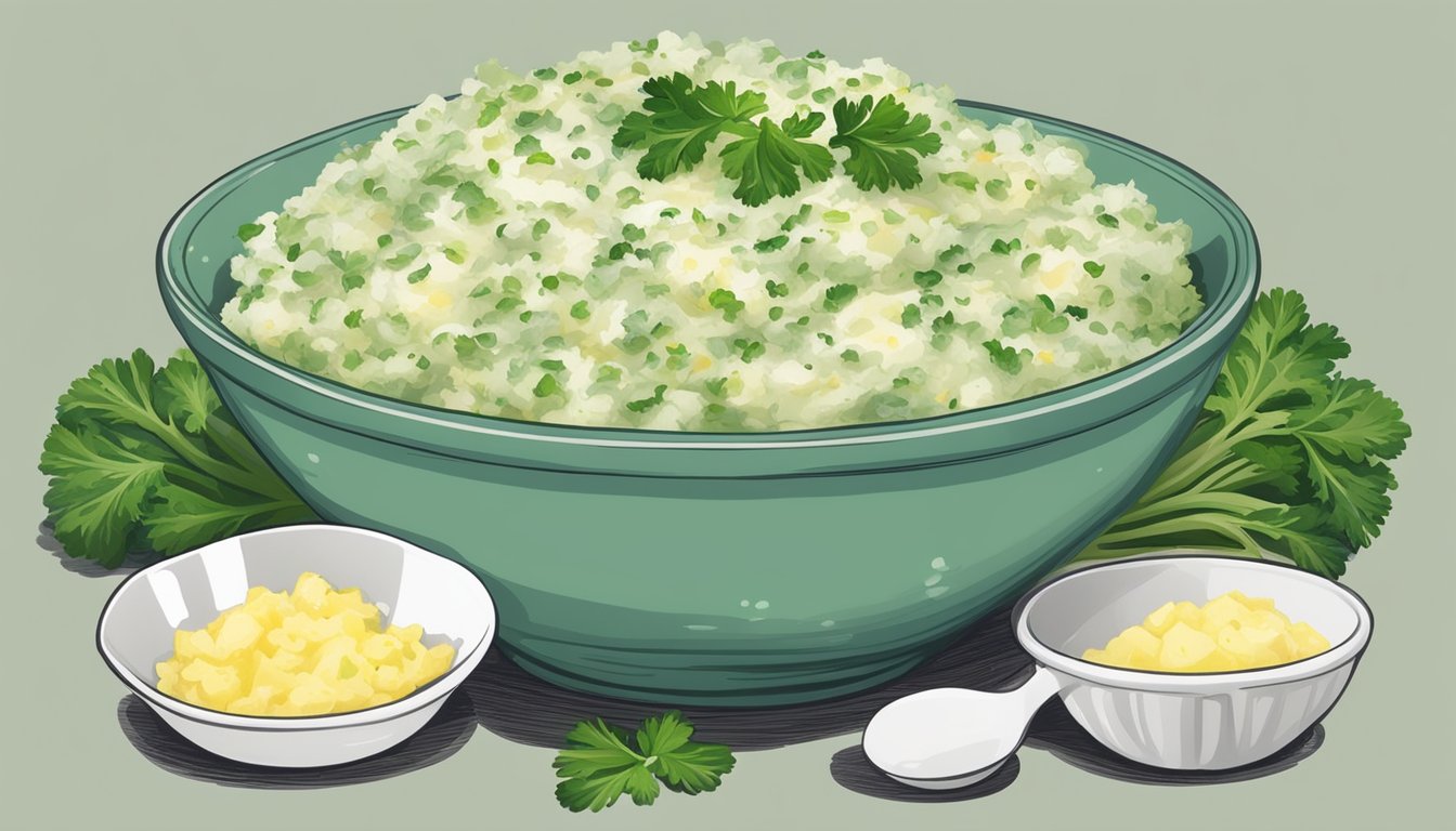 A bowl of colcannon surrounded by scattered forkfuls, with a dollop of butter melting on top and a sprinkle of parsley