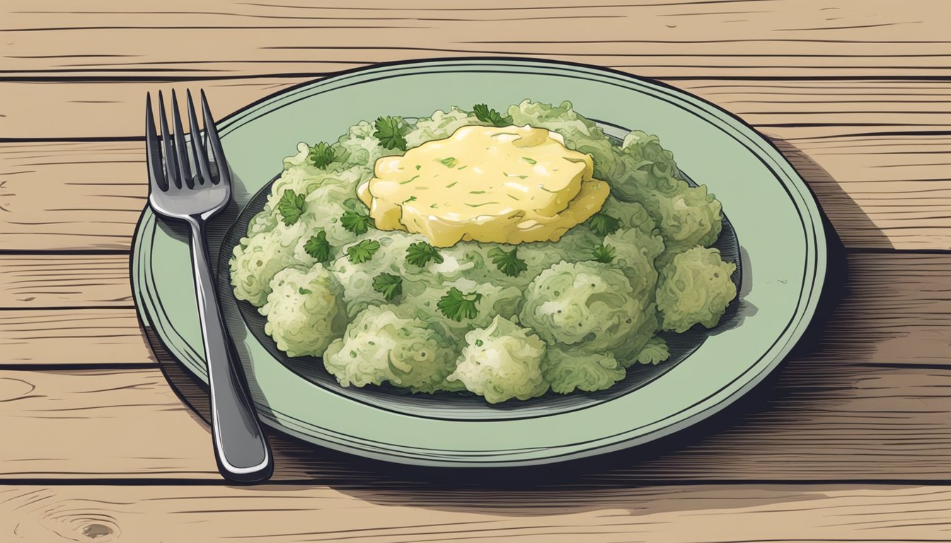 A plate of colcannon topped with a dollop of butter, surrounded by a fork and knife on a rustic wooden table