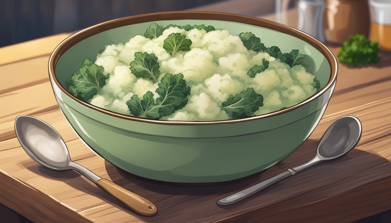 A bowl of colcannon sits on a wooden table, with a spoon resting beside it. Steam rises from the creamy mixture of mashed potatoes and kale