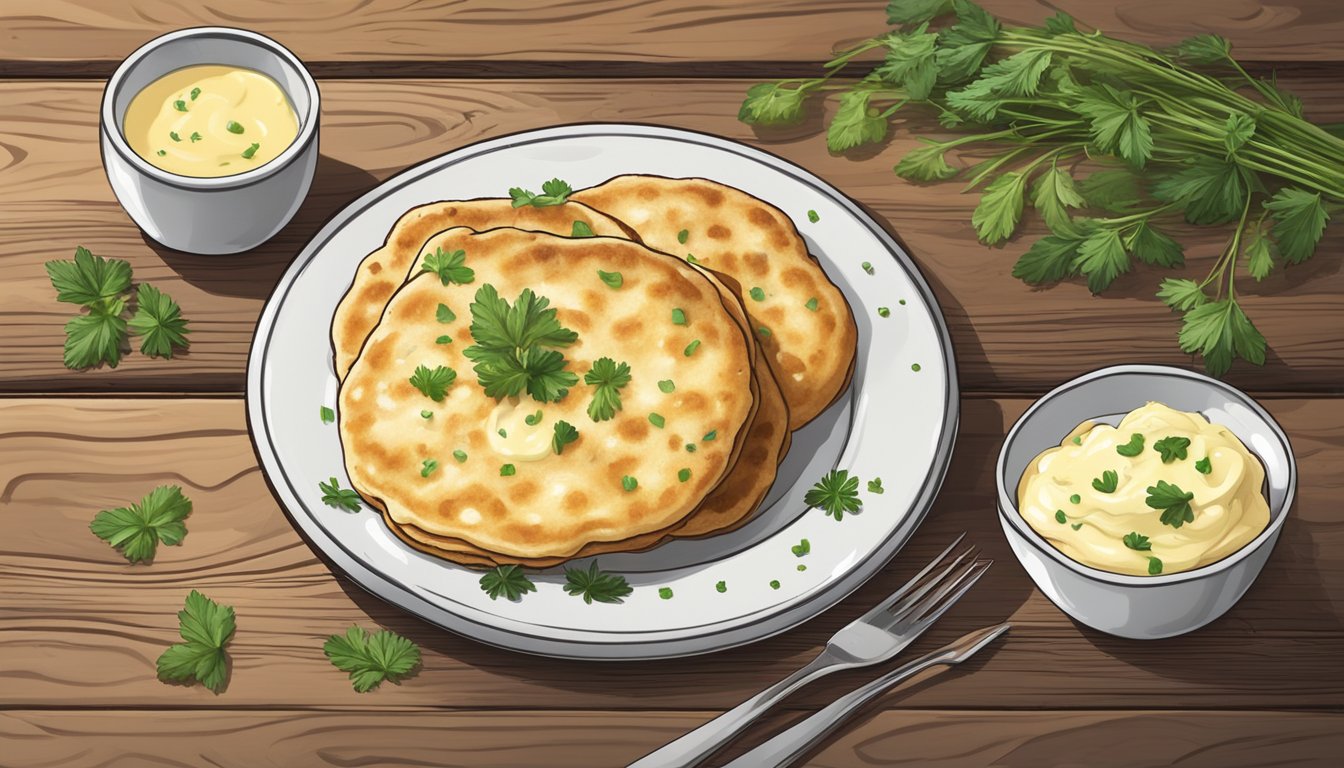 A plate of boxty sits on a rustic wooden table, surrounded by a dollop of creamy butter and a sprinkle of fresh herbs