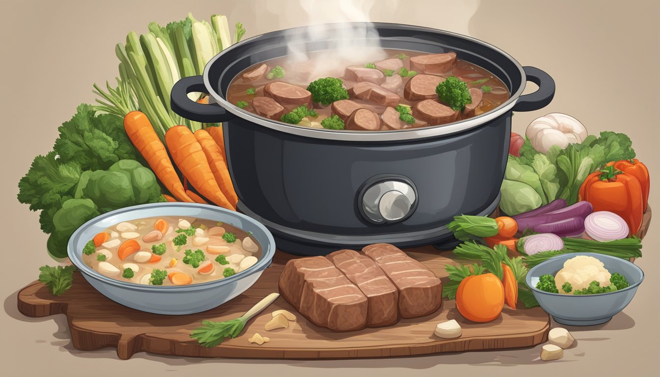 A steaming pot of coddle sits on a rustic table, surrounded by fresh vegetables and chunks of hearty meat. A spoon rests on the side, ready for serving