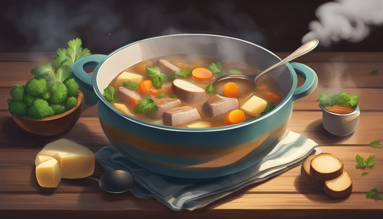 A bowl of coddle sits on a rustic wooden table, steam rising from the hearty stew, with a spoon resting on the side