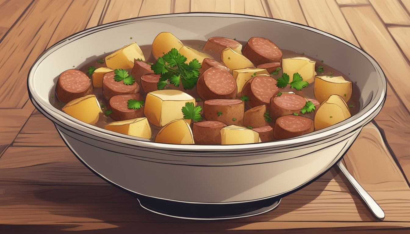 A bowl of coddle with chunks of sausage, bacon, and potatoes, topped with a sprinkle of parsley, sits on a rustic wooden table