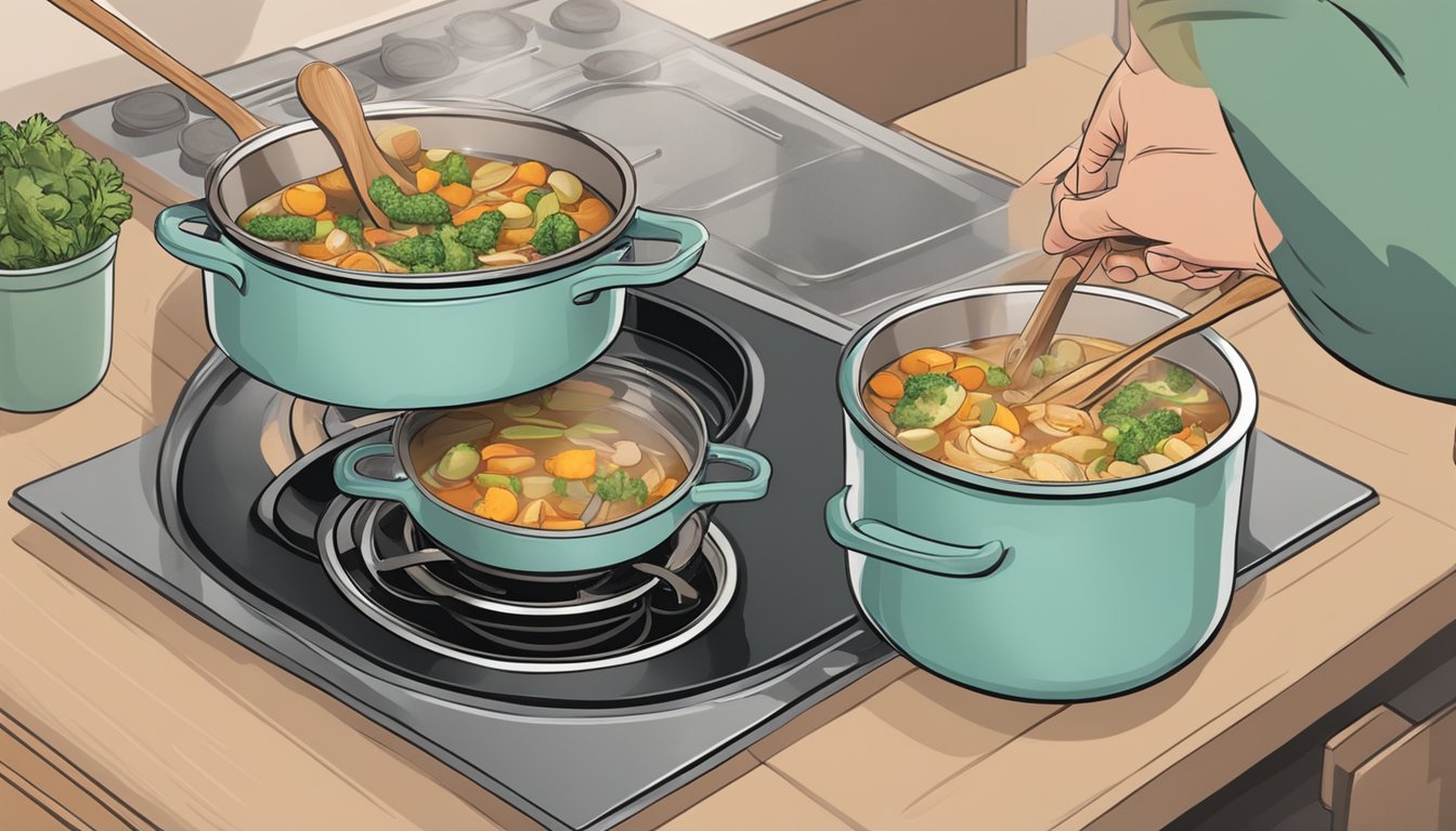 A person placing a pot of coddle onto a stove, stirring the ingredients with a wooden spoon, and then transferring the finished dish into a Tupperware container for storage