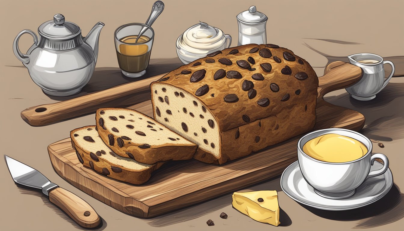 A barmbrack being sliced on a wooden cutting board, with a spread of butter and a cup of tea nearby